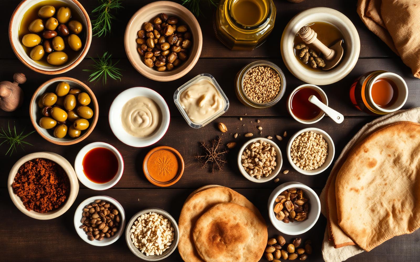 Mediterranean and international foods spread on a wooden table